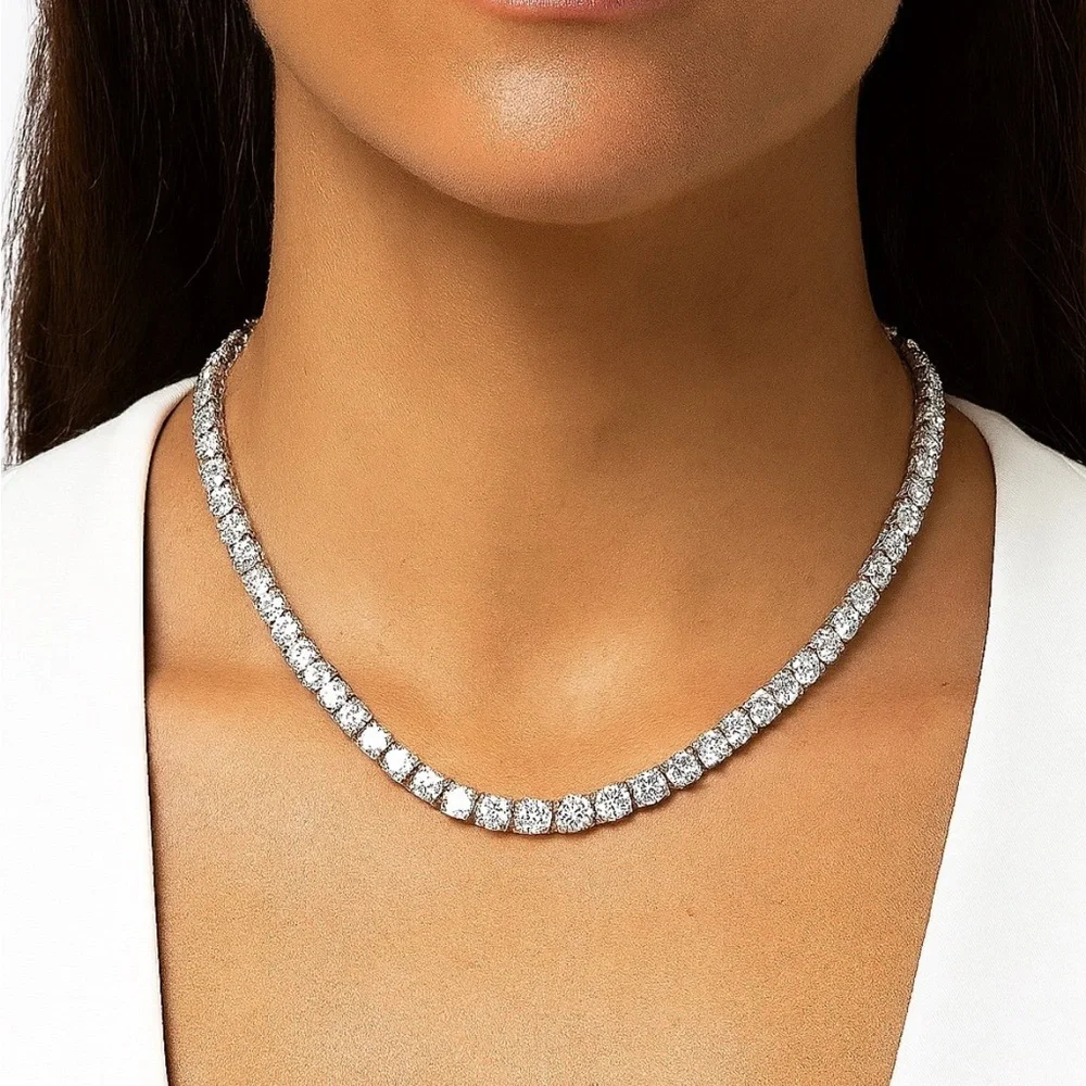 Tennis Necklace 18K White Gold Plated 4.0mm Round Cubic Zirconia